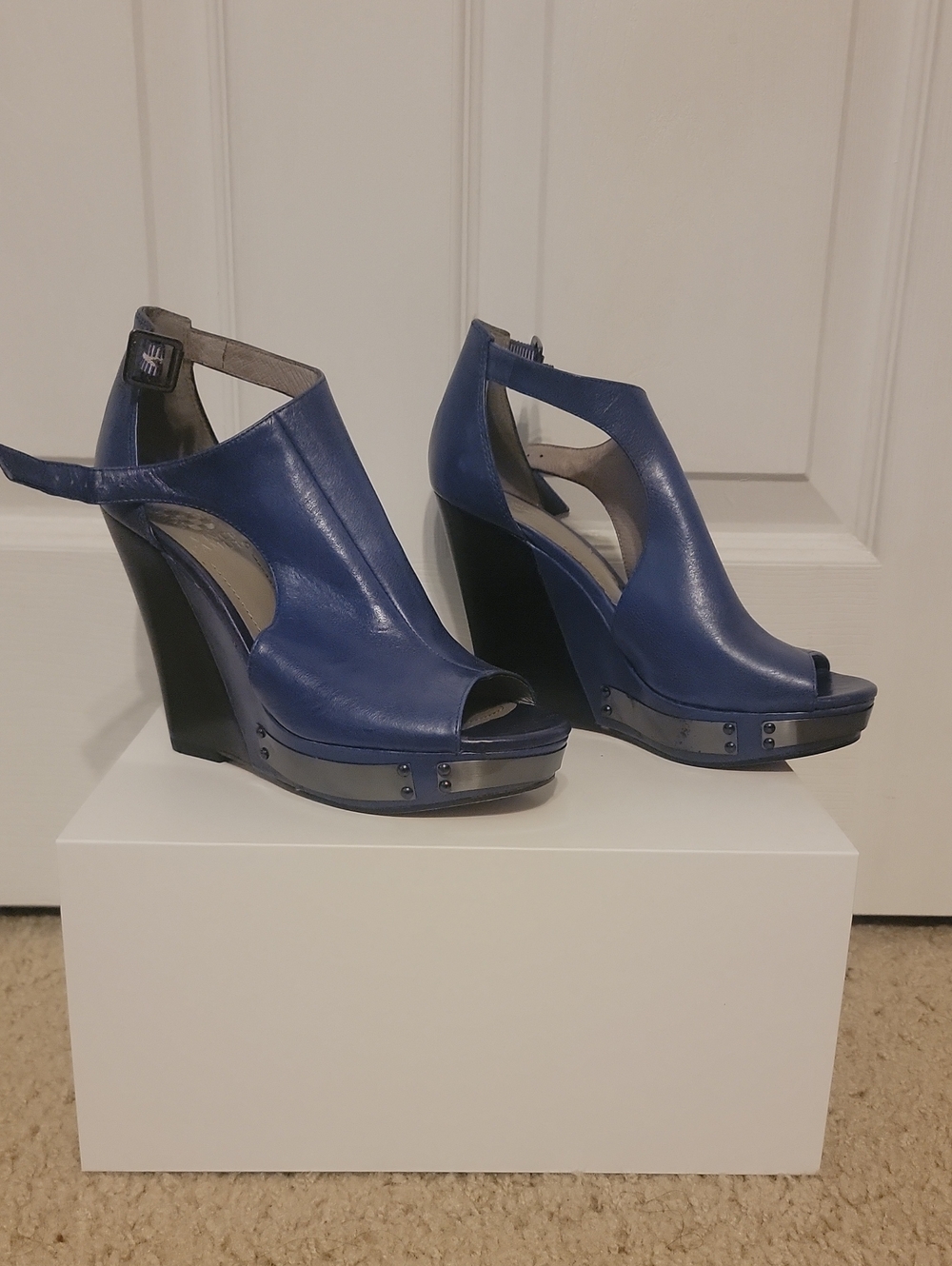 Vince Camuto Royal Blue Leather Peep-Toe Wedge Sandals